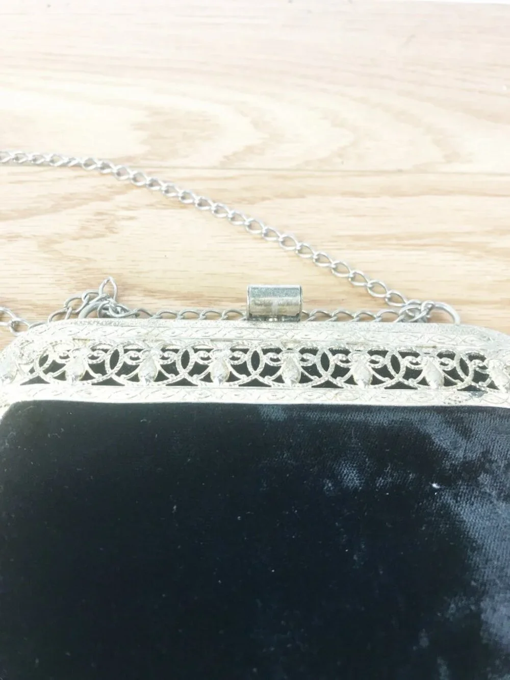 Vintage Black Velvet Evening Bag – Gold Filigree Frame & Silver Chain Strap
